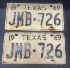 Vintage 1969 Texas License Plates JMB-726 Pair Set Matching picture