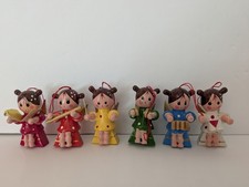 Vintage 1970's Miniature Wooden Angel Orchestra or Angel Band Ornaments Set of 6 picture