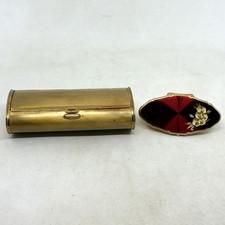 VTG 1950s Mid Century Gold Tone Brass Compact & Stratton Lipstick Holder Mirror picture