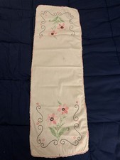 Vintage Hand Embroidered Table Runner Dresser Scarf Floral Pink Crochet Trim 37