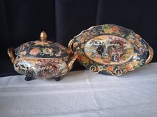 Vintage Japanese Royal Satsuma Footed Covered Dish Tureen With Tray picture