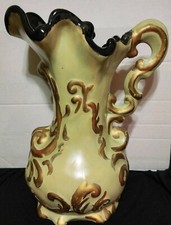 Vgt. 1973 Green & Gold Brazilian Design*Chic Pottery*Hand Ptd.Vase*Pitcher 12