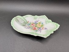 Vintage England Mint Green Finger Loop Tray Dish Signed Hand Painted Flowers 6