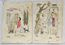 Vintage WWII Watercolor Cartoon Humor Illustration Art Set Soldier 1944 Signed picture