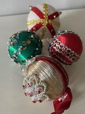 3 VTG Sequin Beaded Satin Ball + 1 Other Christmas Ornaments Handmade Push Pin picture