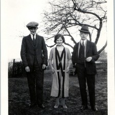 c1920s Snapshot Photo Cute Woman Fashion Men Hats Suits Tree Outdoor Nostalgic picture