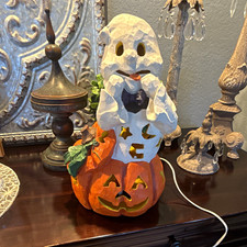 Vintage Halloween Ghost on Pumpkin Plug-In Light Decoration Orange/White picture