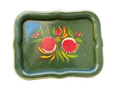 Vintage Hand Painted Metal Serving Tray, Red Fruit & Floral Pattern, 6” x 8” picture
