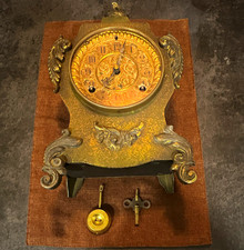 Ansonia Antique Vintage Mechanical Wind-Up Desk Clock Ornate Gold/Black 10in picture