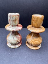 VTG Set Of 2 Green Brown Onyx Candle Holders Hand Carved Italy? MCM picture