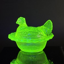 Vintage Vaseline Uranium Glass Hen On A Nest Mosser Covered Chicken Salt picture