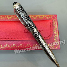 CARTIER Santos Black Geometric Pattern Ballpoint Pen Silver Tone Luxury Rare picture