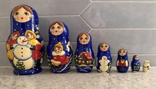 Hand Painted Russian Matryoshka Style Nesting Dolls 7 Pc Winter Snowman Set 2004 picture