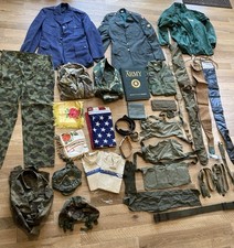 US Military Gear Uniform Lot WWII Korea Vietnam Camo Canvas Jackets Flags picture