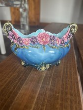 Antique French Barbotine Floral Blue Jardiniere Stilted Orchies Vase Planter picture