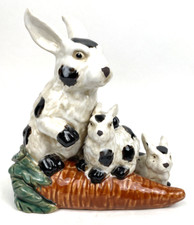 Vintage Majolica Bunny Rabbit 9x9 Babies Carrot Large Glazed Pottery picture