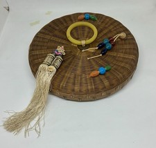 Antique Vintage Wicker 8” Chinese Sewing Basket with Beads, Tassels and Ring picture