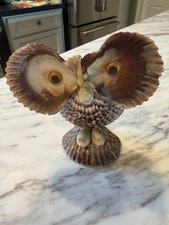 Vintage Sea Shell Owl Art Sculpture Handmade Folk Art Big Goggly Eyes 4” picture