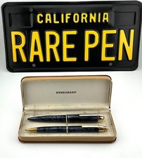 Vintage WAHL EVERSHARP SKYLINE MOIRE BLUE DERBY Fountain Pen & Pencil 14K F Flex picture
