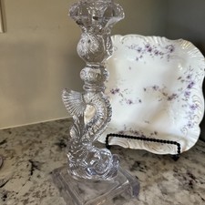 Rare Sun Purple Flint Glass Dolphin Or Koi Fish Candle Holder 1800s Boston Glass picture