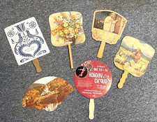 Advertising Hand Held Fans Wood Handles 1 Three Fold Lot of 6 - Five Vintage picture