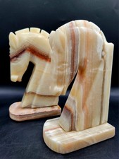 Pair Vintage MCM Onyx Marble Stone Carved Horse Head Art Deco Style Bookends picture