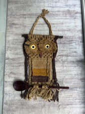 VTG 1970's Macrame Owl Wall Hanging With Wooden Spoon and Small Hooks for Keys picture