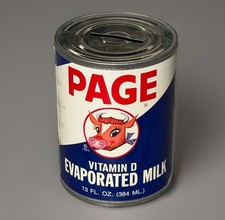 Vintage 1962 PAGE Evaporated Milk Advertising Tin Can Promo Bank - Batavia, NY picture