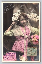 RPPC Real Photo Little Girl Daisies Bonne Fête Hand-Tinted French Postcard 1907 picture