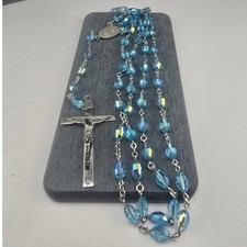 Vintage Antaya Rosary Blue Aurora Borealis Glass Sterling Silver Crucifix 22in picture