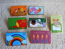7 Vintage 1980s USPS Enamel Stamp Lapel Pins-Love You Dad, Best Wishes RARE picture