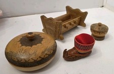 Vintage Hand Carved Wood Trinket Box Lot Balkan Folk Art Mini Cradle Pincushion picture