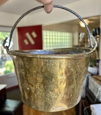 One 1800’s Antique Tiny 9” Diameter Brass Bucket Pale Hand Forged Iron Handle picture