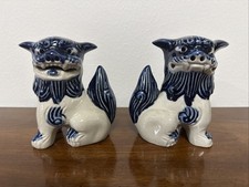Vintage Okinawa Shisa Pair Pottery Blue/White Kusashi Ware Collectible Foo Dogs picture