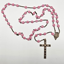 Vintage Czech Pink Glass Rosary Catholic Signed Czechoslovkia on Cross 22
