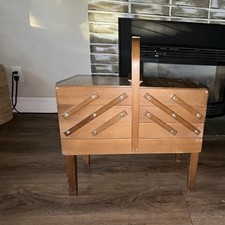 Vintage Sewing Box STROMMEN BRUK HAMAR Wooden Mid Century Norway MCM Accordion picture