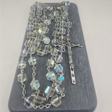 Vintage Estate Rosary Aurora Borealis Crystal Faceted Beads Silver Tone 22in picture