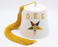 OES Fez Hat Off White Yellow Tassel Order Eastern Star Masonic Regalia picture