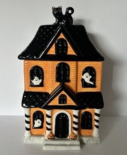 Jack Lantern Lane Haunted House Ghost Cat Halloween Ceramic Cookie Jar picture