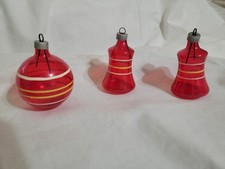 3 Vntg 1940s WW11 Unsilvered Red Glass Ball/Bells Christmas Ornaments picture