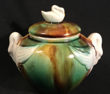 Antique Majolica Swan Handles & Finial Mottled Colors Sugar Bowl, Circa 1880 picture