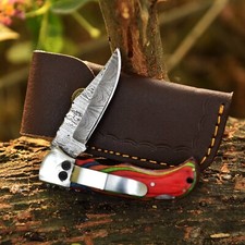 Handmade Damascus Folding Blade Pocket Tactical Knife with Belt clip & Sheath picture