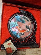 Hunan Chinese silk embroidery in spinning frame and box, fish and flowers picture