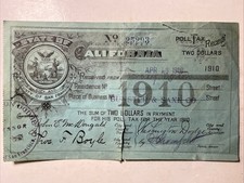 Vintage 1910 Poll Tax Receipt San Francisco County California with Stamps picture