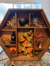70s Vintage 18x15 Hexagon Diorama Trinket Rooster Metal Stove Mushroom Halloween picture