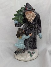Vintage Santa Claus Figurine Dark Robe Christmas Tree Little Girl Frosted 7