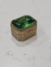 Vintage Florenza Gold-Tone Pill & Trinket Box w/ Large Green Lucite Stone On Lid picture