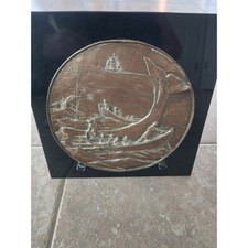 Vintage Bronze Moby Dick Scene and Stand Plaque Nautical Whale Maritime Art picture