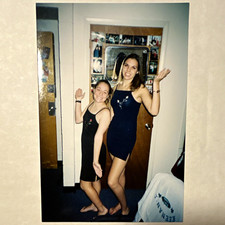Original Color Snapshot of Two Pretty Young Women Posing Dresses Barefoot picture