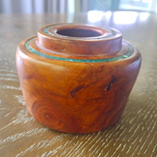 Vintage Hand Turned Burl Wood Vessel Vase Ink Well Inlaid Crushed Turquoise  picture